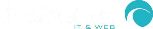 Freshwave logo with white main company name and freshwave blue strap and logo